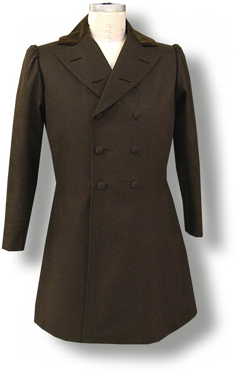 Narrow shoulders with full sleeve caps, and high rolling notched collar is made in the same fabric as the coat. The coat lapels are wide-notched style. The cuffs are functioning with 2 small buttons.