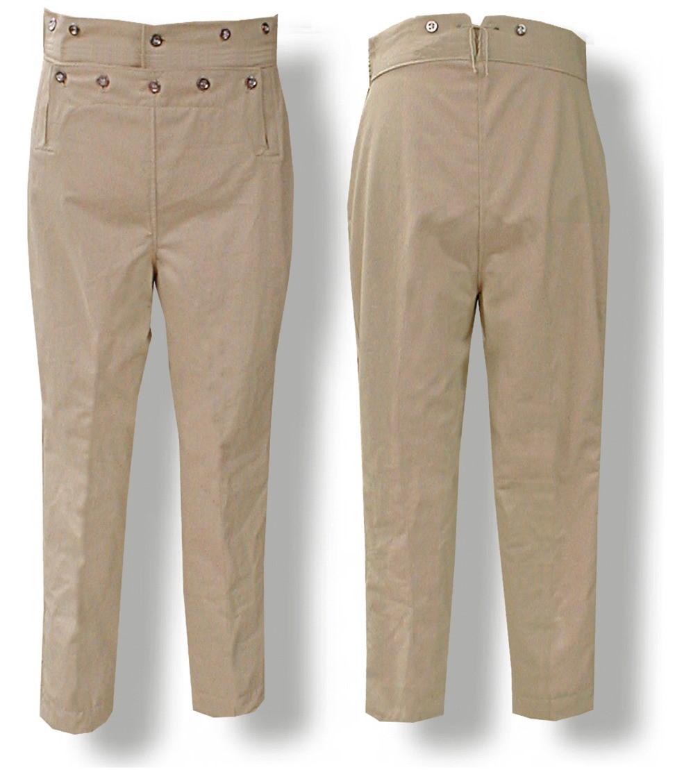 Lower photo shows the #1631B Broad Fall style which as a 2 waistband in heavy Natural cotton Twill with pewter buttons. Both styles have the side seam pockets.