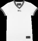 short-sleeved v-neck shooting shirt ties back to the League Uniform combo.