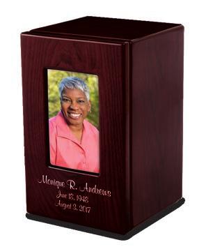 25"h Hardwood construction with rich rosewood stain and high-gloss finish Removable picture frame Full size urn
