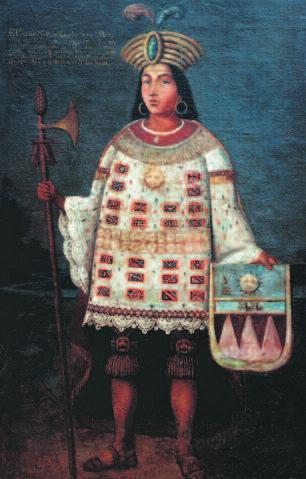 This Inca nobleman wears an expensive embroidered tunic, a large headdress, and gold earrings.