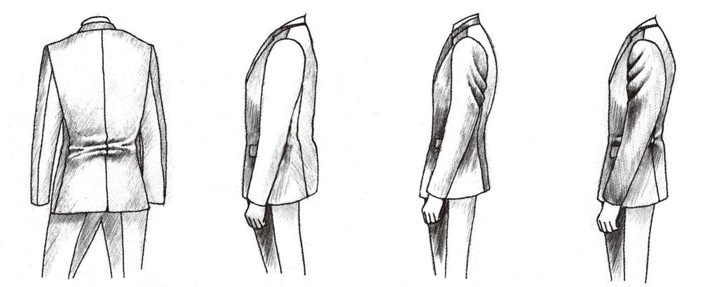 The waistline If the customer tend to have a prominent seat, horizontal pleats will appear on the back-waist of the jacket and the back-waist must be