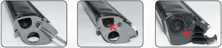 REFILL INSTRUCTIONS QMS 2300 / 2350 / EPSON C900 / C1900 1. Remove one screw then remove the plastic part. GENERAL COMMENTS: 2. This exposes the cap which seals the filling hole. 3.
