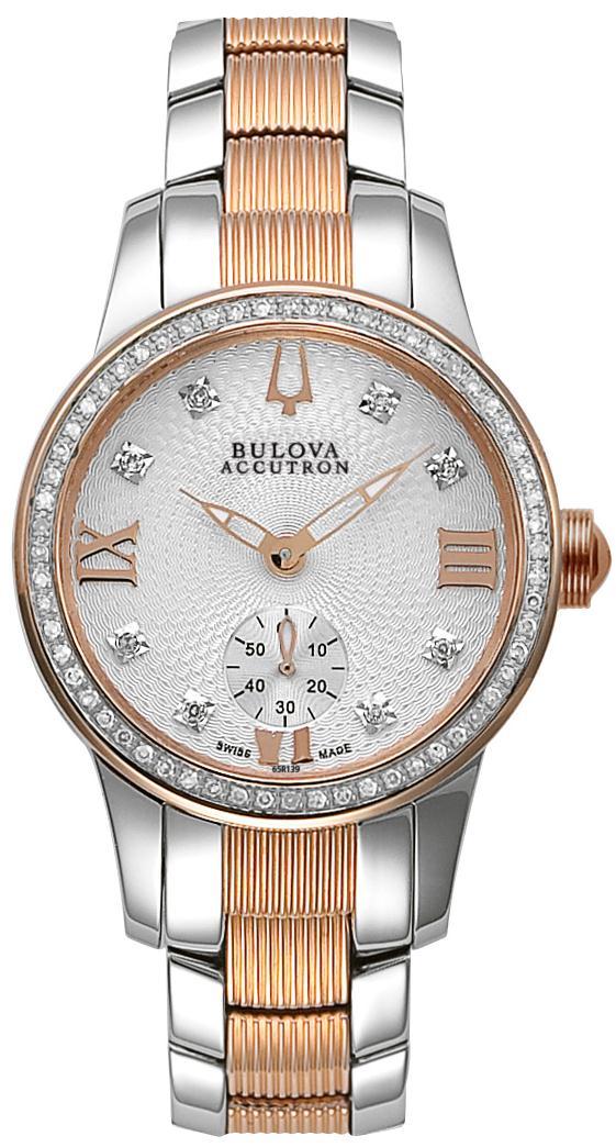 timepiece includes a white cabochon crown, luminous hands and quartz movement. Ladies Accutron : 65R139 1250 From the Masella Collection.