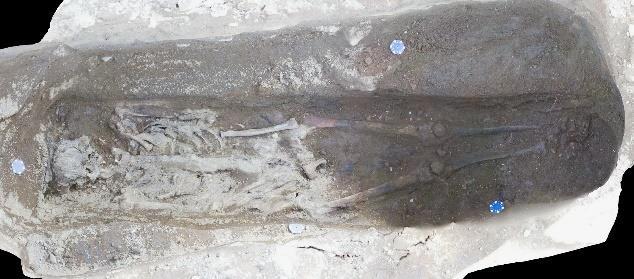 The grave contained a coffin and a relatively well preserved adult skeleton. The skeleton lay in a supine position with left arm slightly flexed over the pelvis but right arm extended.