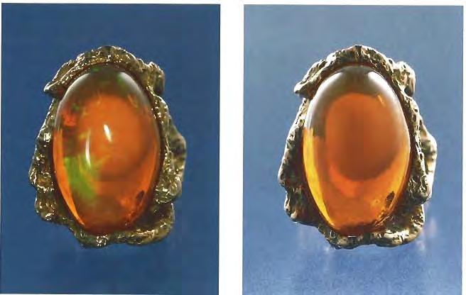 Figure 9. The 25.6 x 16.5 x 14.5 mm Mexican opal in this ring contains an un12s11ally large oval inclusion, the outline of which is barely visible with reflected light. into spheres.