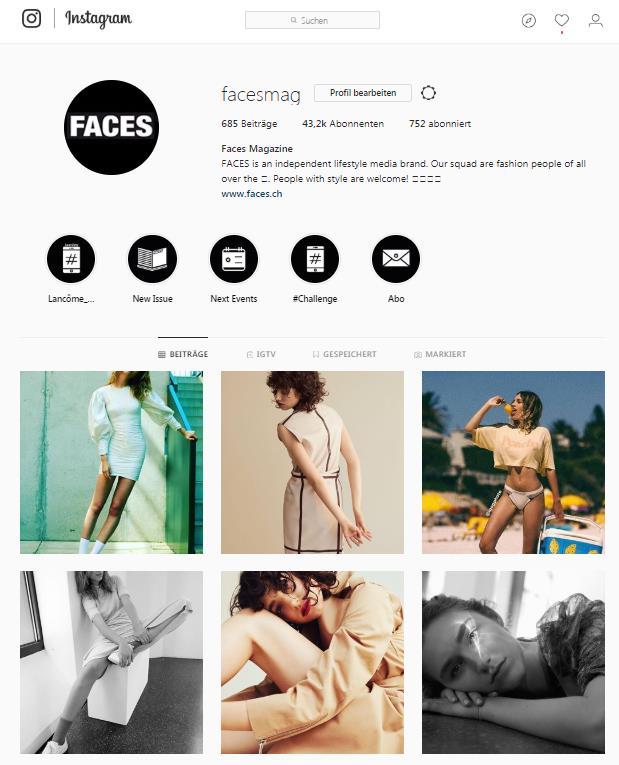 Instagram Name: @facesmag Followers: 44 200 Content: FACES on tour, Fashion Weeks, Street Style, Goods, Inside FACES, Events