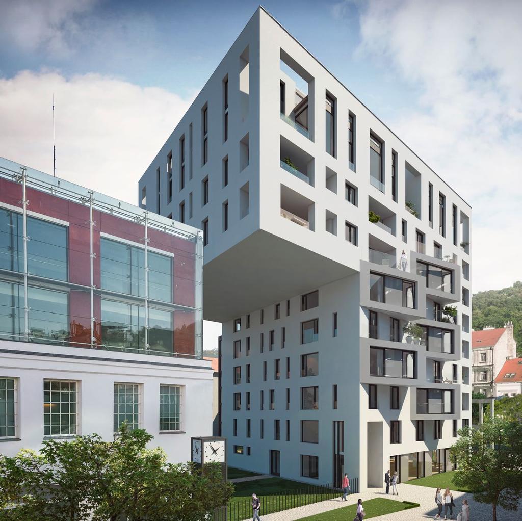 QUOTE FROM THE ARCHITECT The nine-story PRAGA Residence boasts two basement floors reserved for underground parking.