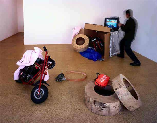 Jason Rhoades / Jorge Pardo Jason Rhoades / Jorge Pardo Ranch, 1996 mini bike, helmet, two wooden wheels, pink two