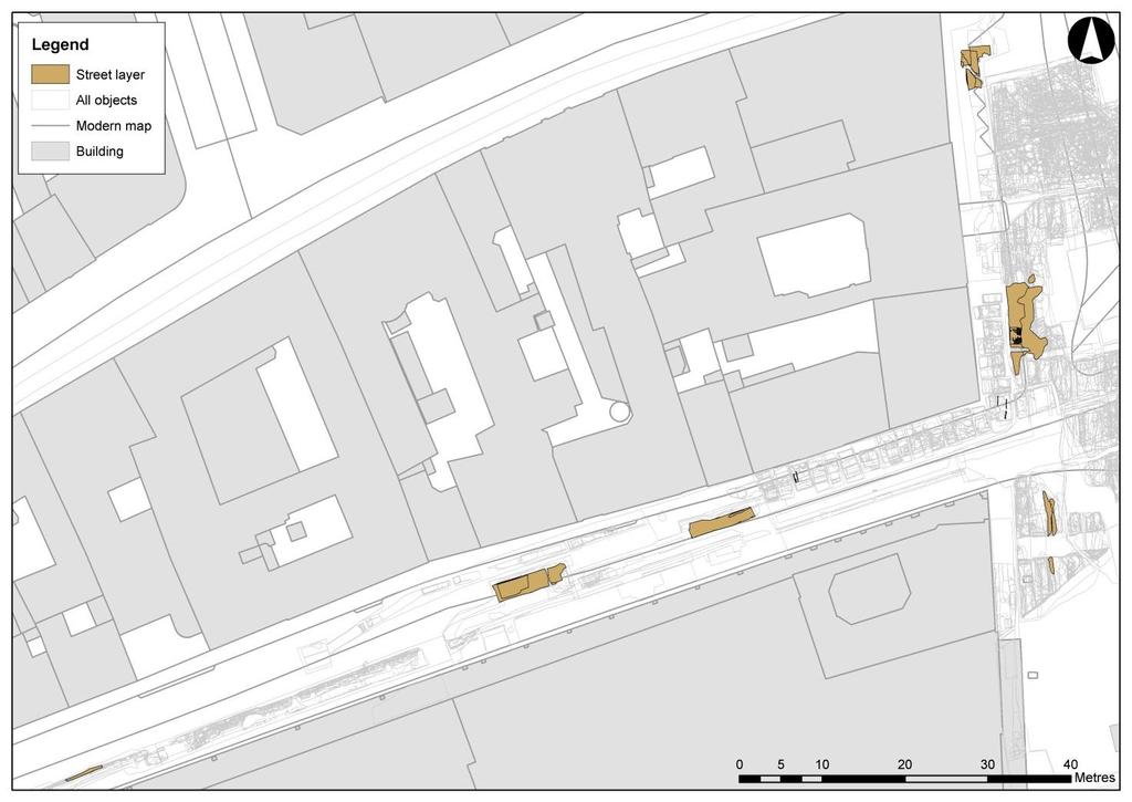 Fig. 180. All streets in the High and Late medieval period, G-500919. G-785 in subarea phase 6 represents two parallel wheel ruts running E-W for a distance of 0.