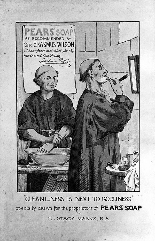 412 Mieneke te Hennepe Figure 3: Pears advertisement showing monks washing and shaving with endorsement by Erasmus Wilson. Lithograph after H. Stacy Marks; after 1881.