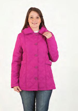 BETTY KAY Style: ALISSA Colours: NAVY, MINK Sizes: 10-20 Ratio: 2:2:2:2:2:2 12 PCS/CTN BLOCK COL Ladies diamond quilted jacket, button fastening, lightweight, showerproof, front two patch pockets