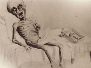 Emaciated Prisoner with Syringe Indian ink drawing by V. Petrov, undated.