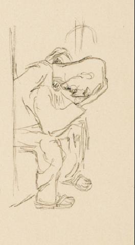 Prisoner in the Latrine Pencil drawing by Per Ulrich, probably from 1945. Reproduction.