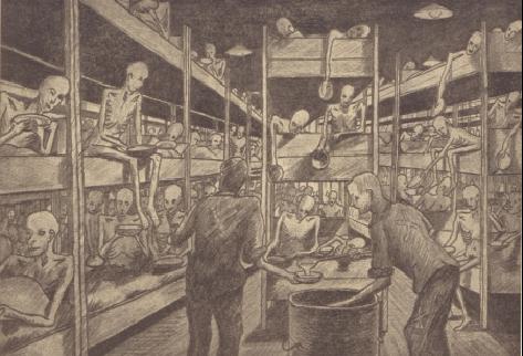 Mealtime at the Convalescence Block Drawing by Hans Peter Sørensen, eighth drawing in his Neuengamme portfolio published in 1948. Print based on a pencil drawing.