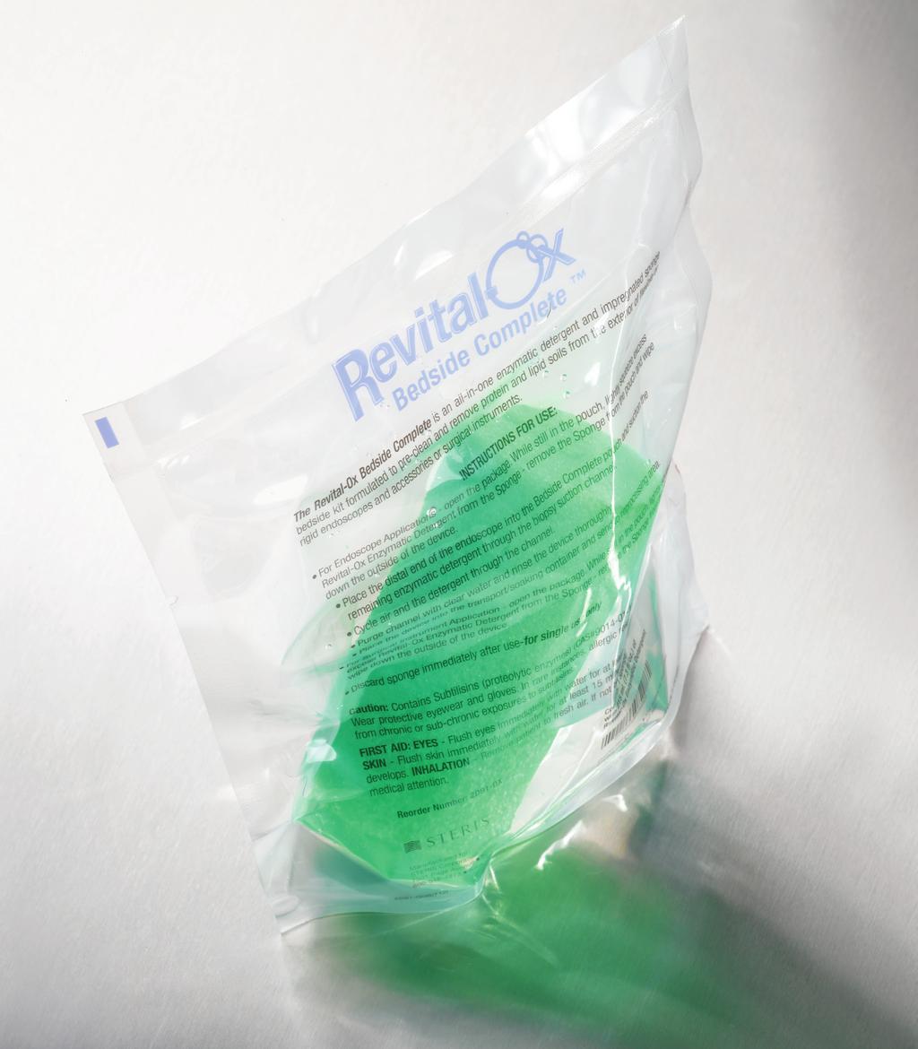Step 1: Pre-Cleaning & Transport Revital-Ox Bedside Complete Revital-Ox Bedside Complete is an all-in-one, pre-diluted enzymatic detergent and impregnated sponge designed for bedside pre-cleaning of