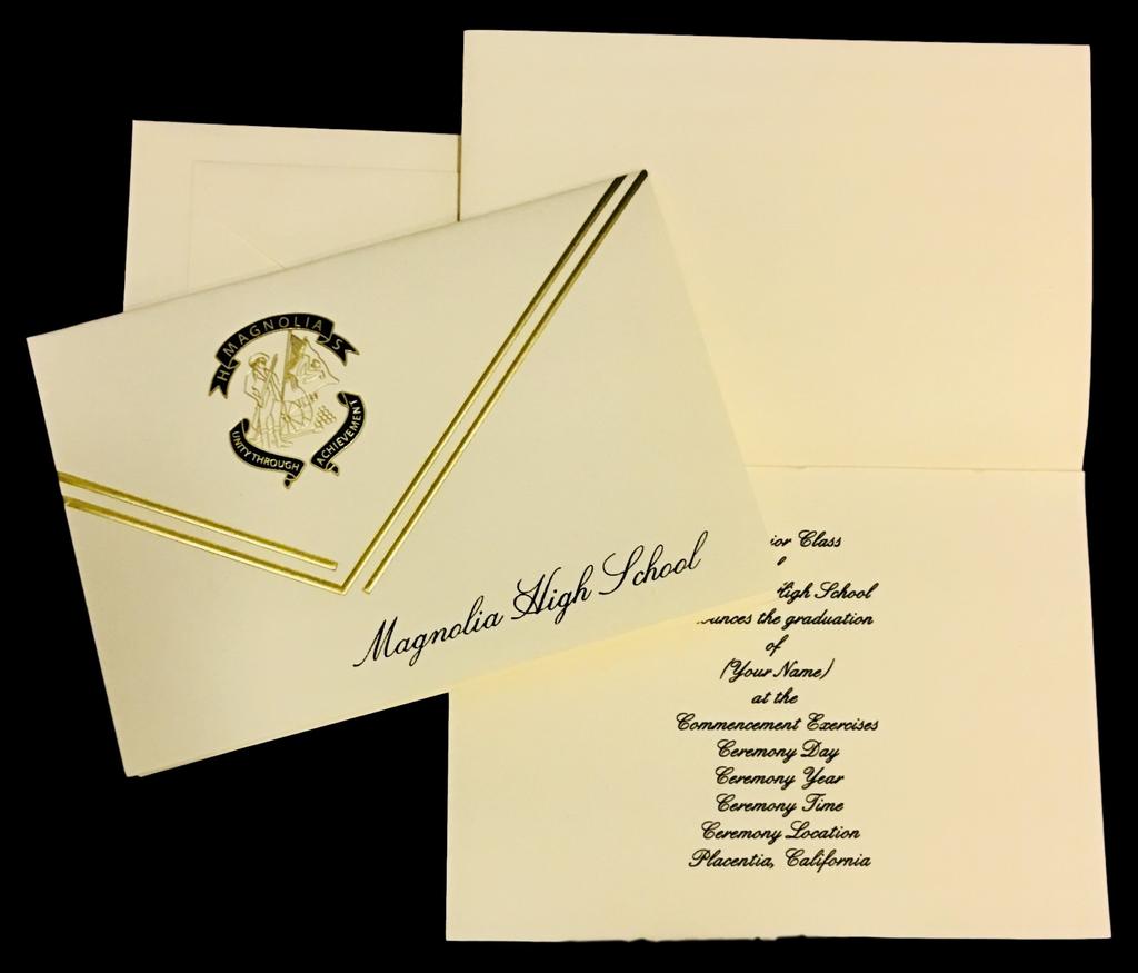 Printed inside is the graduation ceremony information and the graduates name. (sets of 5) Included with each announcement is the socially correct envelopes.