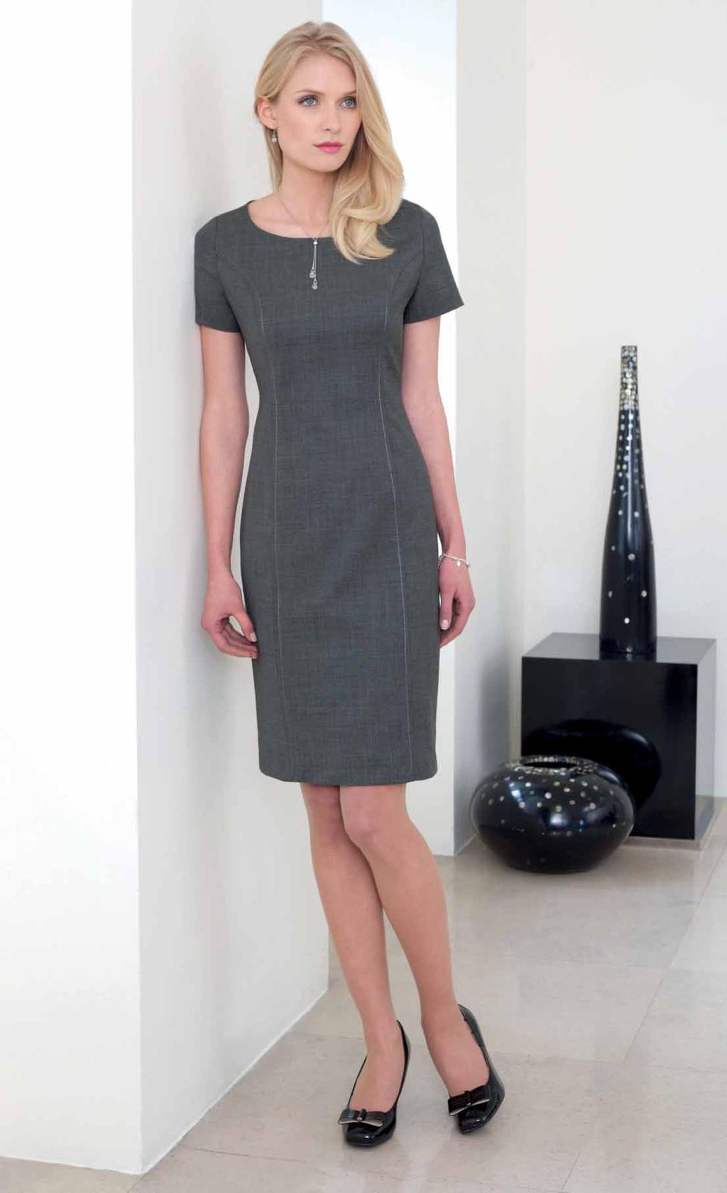 Teramo Dress (Light Grey) Shift dress with princess seam, short sleeve, centre vent, stretch lining.