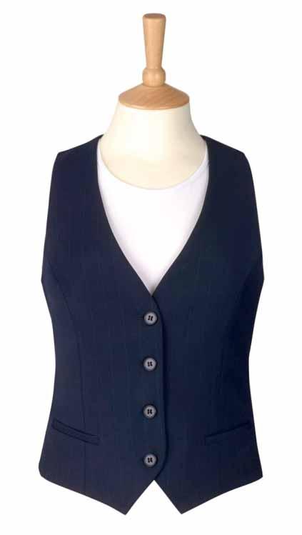 SOPHISTICATED women Scapoli Waistcoat (Navy Pinstripe) Cloth backed, 2 welt pockets 4 button front. Numana Skirt (Light Grey) Straight skirt, centre vent, shaped back panels, full stretch lining.