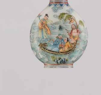 Condition: Excellent condition Provenance: German private collection 54 AN ENAMELED BAXIAN GLASS SNUFF BOTTLE, TLE, 20th CENTURY Opaque white glass with delicately painted polychrome enamels China,