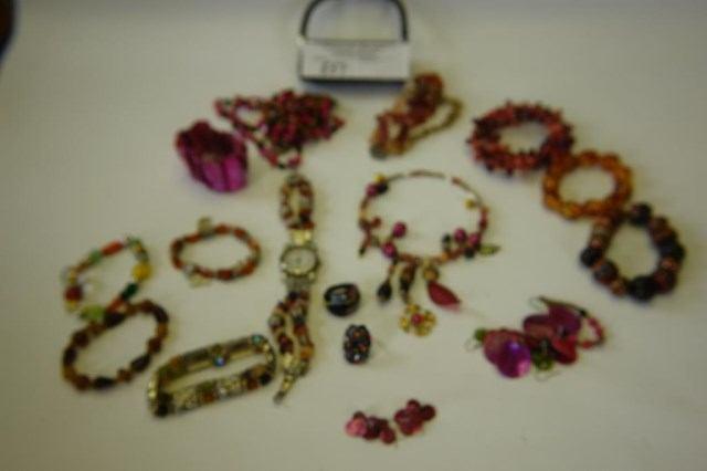 W/BEADED * 2 SETS OF EARRINGS * (MADE IN CHINA) AMBER BEADS & SILVER TYPE BRACELET * MARBLE TYPE BEADS BRACELET * AMBER STONES &