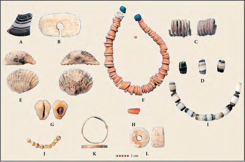 HIGHAM ET AL.: THE EXCAVATION OF NON BAN JAK, NORTHEAST THAILAND - A REPORT ON THE FIRST THREE SEASONS Figure 32. Ornaments from Non Ban Jak burials. A. agate pendant, burial 20 EP1; B.