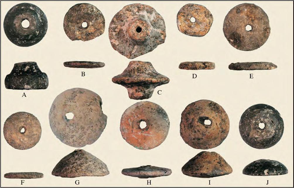 JOURNAL OF INDO-PACIFIC ARCHAEOLOGY 34 (2014)) Figure 37: Spindle whorls from Non Ban Jak. A. cat. 5, A2 1-4, B. cat. 117 C. cat. 171, B1 2-1, D. cat 485, burial 38, E. cat. 488, burial 38, F. cat. 489, burial 38, G.