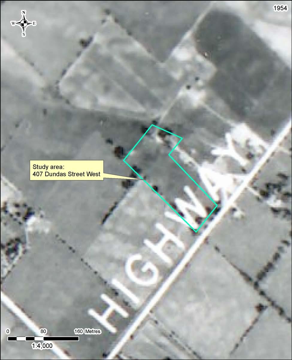 The Stage 1 and 2 Archaeological Assessment of the 407 Dundas Street West Property, City of Oakville 38 Map 8: 1954 aerial view