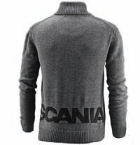 100% cotton. Ribknitted pullover with Scania logo print on chest. 50% wool, 50% acryl. Classic cardigan with ribbed knitted panels at front and intarsia knitted Scania logo at back.