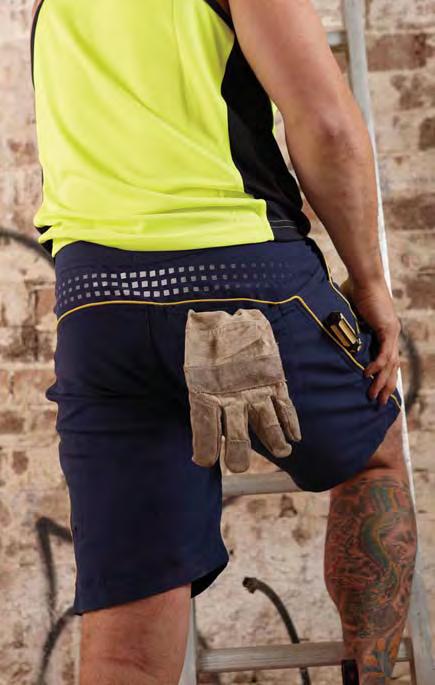 bartack reinforcement Triple stitching at front and back crotch seam LHS security pocket with inverted zipper and fabric zipper hood to stop surface scratches in the work place WORK BOARDIE V9001
