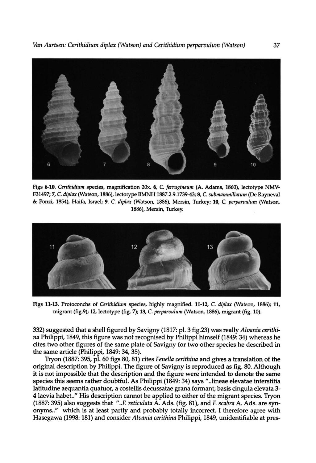 Van Aartsen: Cerithidium diplax (Watson) and Cerithidium perparvulum (Watson) 37 Figs 610. Cerithidium species, magnification 20x. 6, C. ferrugineum (A. Adams, 1860), lectotype NMV F31497; 7, C.