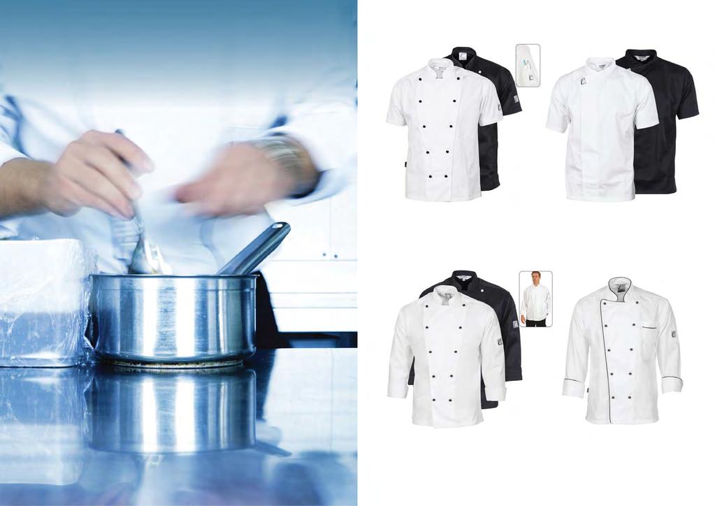 HOSPITALITY CHEF JACKETS 200GSM POLYESTER/COTTON PC Double Pen Pocket 1101 TRADITIONAL CHEF JACKET - SHORT SLEEVE 1121 TUNIC - SHORT SLEEVE 200 gsm, 65% polyester, 35% cotton, sleeve pen pocket.