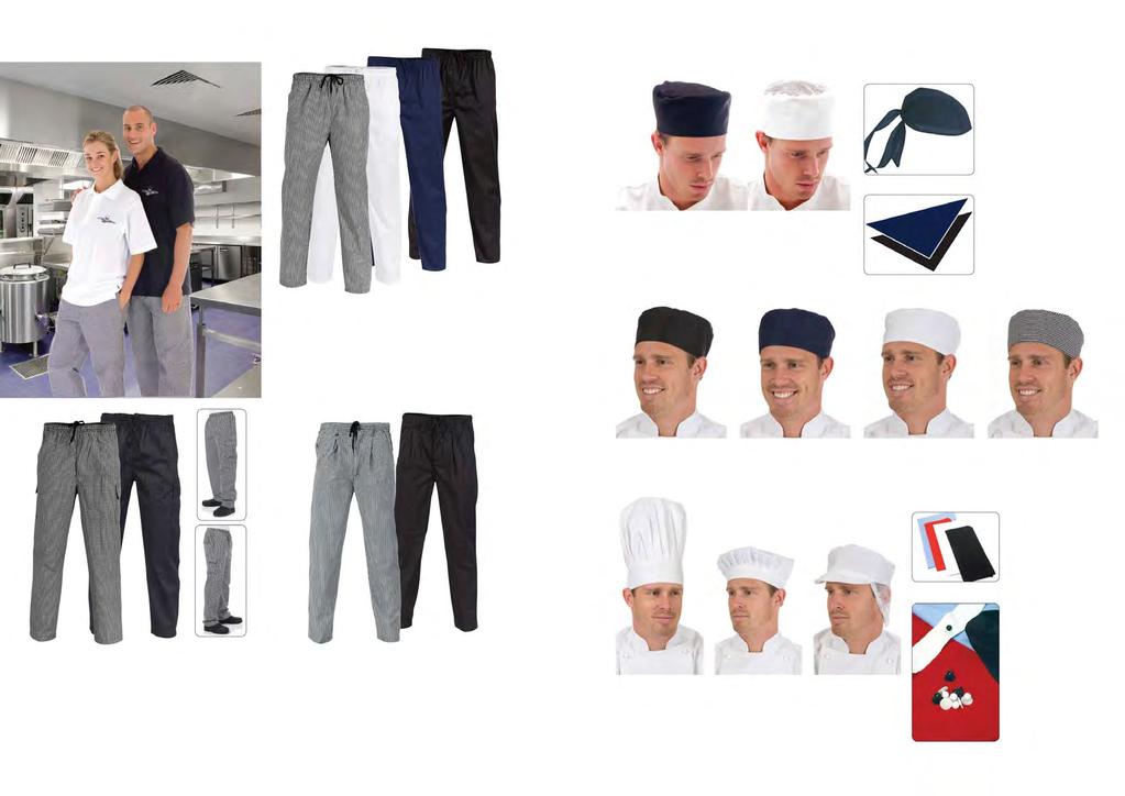 HOSPITALITY HOSPITALITY CHEFS PANTS 200GSM POLYESTER COTTON PC CHEFS HATS 220GSM POLYESTER COTTON Cool- Breeze Air Flow Vents 1820 3 PANEL BANDANNA 120gsm Lightweight poly/cotton.