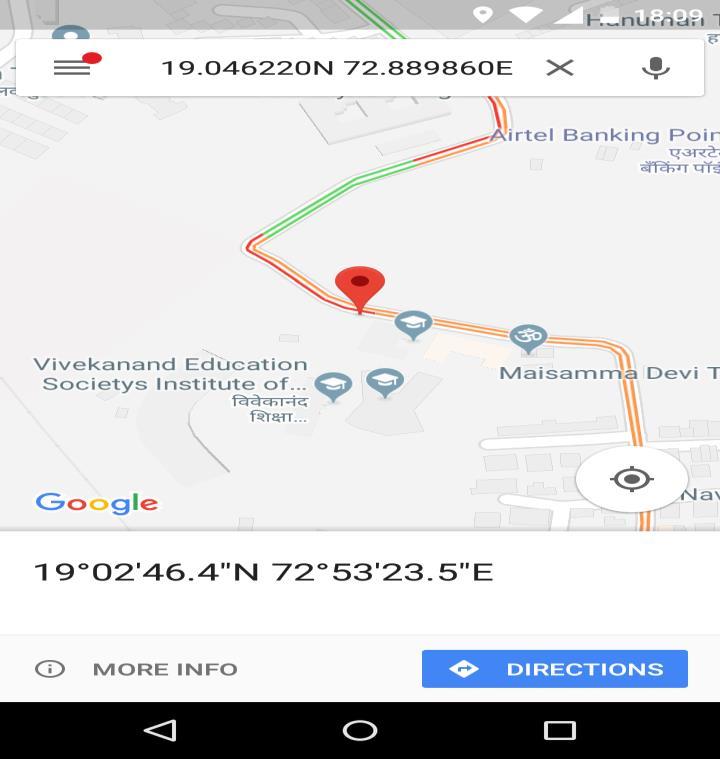 The Figure 5 shows the screenshot of the coordinates of the smart wallet on the users phone traced by the GPS module.