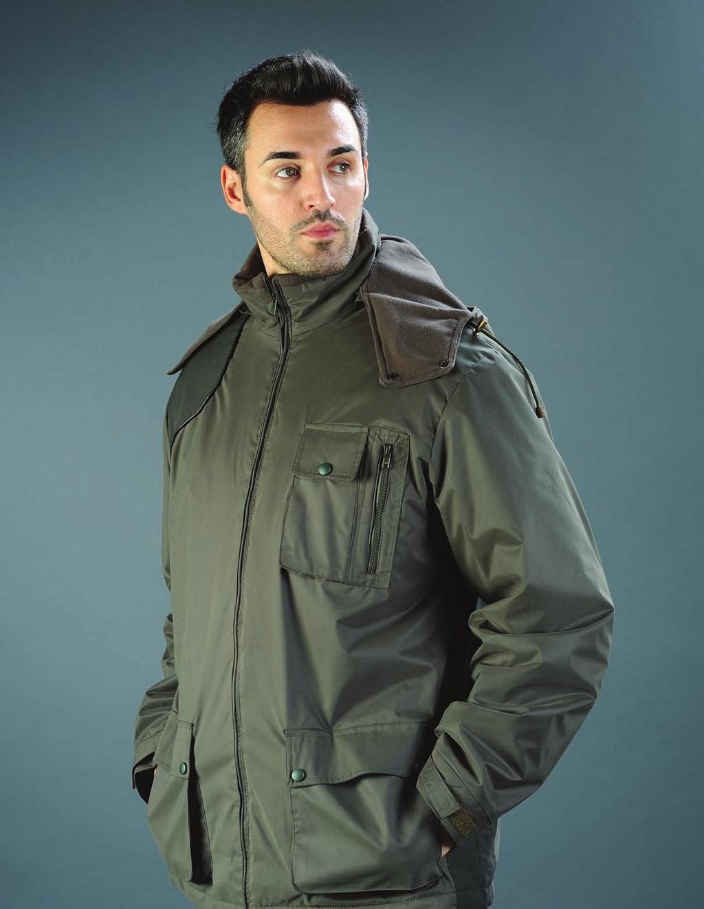 JACKET CODE 10-1102 Functional pockets closed with buttons Shoulder and side areas padded with high resistant fabric Adjustable cuffs Adjustable hem Detachable hood with zip WINTER