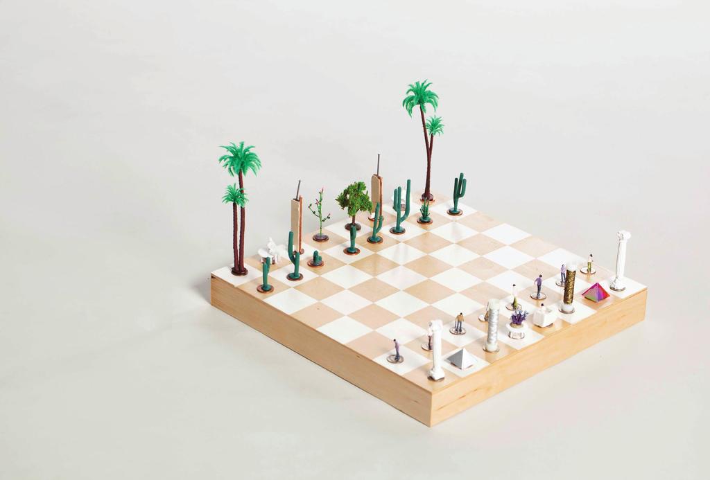 Immortal game various materials, 2016 Chess board made of found, crafted and collected objects, belonging to the imagination from travelling and architectural modelling.