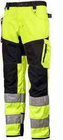 Trousers Class 2 High-visibility clothing Trousers with side pockets. Reinforced pockets, knees and ankles. Zip-up pocket on left leg. D-ring, key clip, ID card holder inside the left thigh pocket.