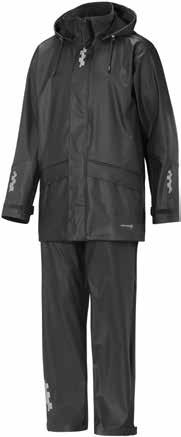 Wind, rain and cold Rain jacket & trousers set in PU Rain jacket with hood that can be folded into the collar. Two side pockets with flap. Two-way front zip and storm flap with Velcro fastening.