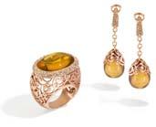 earrings in shiny pink and matte gold with amber and brown diamonds. www.pomellato.