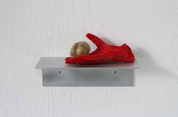 2016. Desire Painted red leather glove, clay, small wig 21 x 8 x 5 cm,
