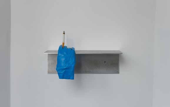 Sticky (blue with cigarette) Blue leather glove, cigarette, clay 14 x 8 cm,