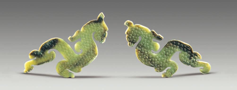 figurines, hinge shaped objects 合页形器. The most common of these is the dragon-shaped pendant. Most jade objects do not have any surface treatment.