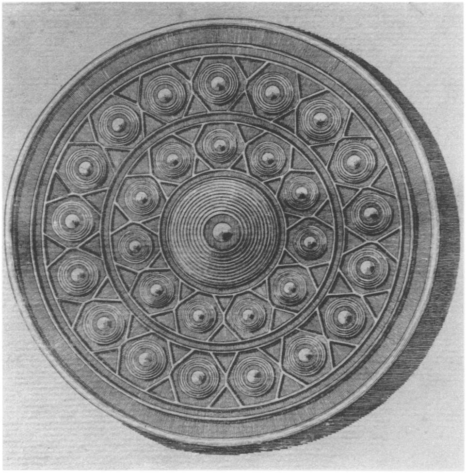 FIGURE I Ousley's illustration of one of the Enniscorthy discs. "Diameter 43/4 in." (I 21 mm.) (Ousley 797) FIGURE 2 Gold object of uncertain use. Diameter I28 mm.
