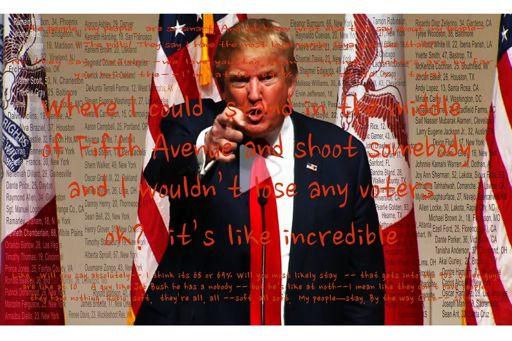 A new Rosler work, Point n Shoot. Photoshopped into the background of an image of Donald J. Trump are the names of people of color who have been killed by the police in recent years.