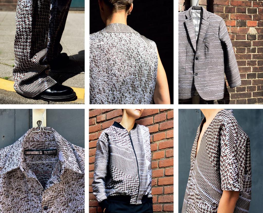 The six designed garments based on the algorithmically generated patterns. The material is Jacquard-woven polyester.