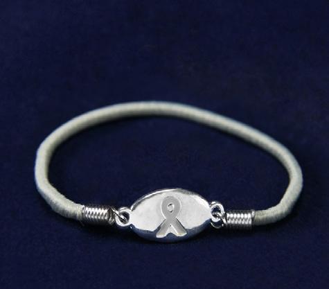 A flexible bangle bracelet that has the words Find The Cure with gray ribbons. Adult: (B-22-7F) Size: 7 1/2 in.