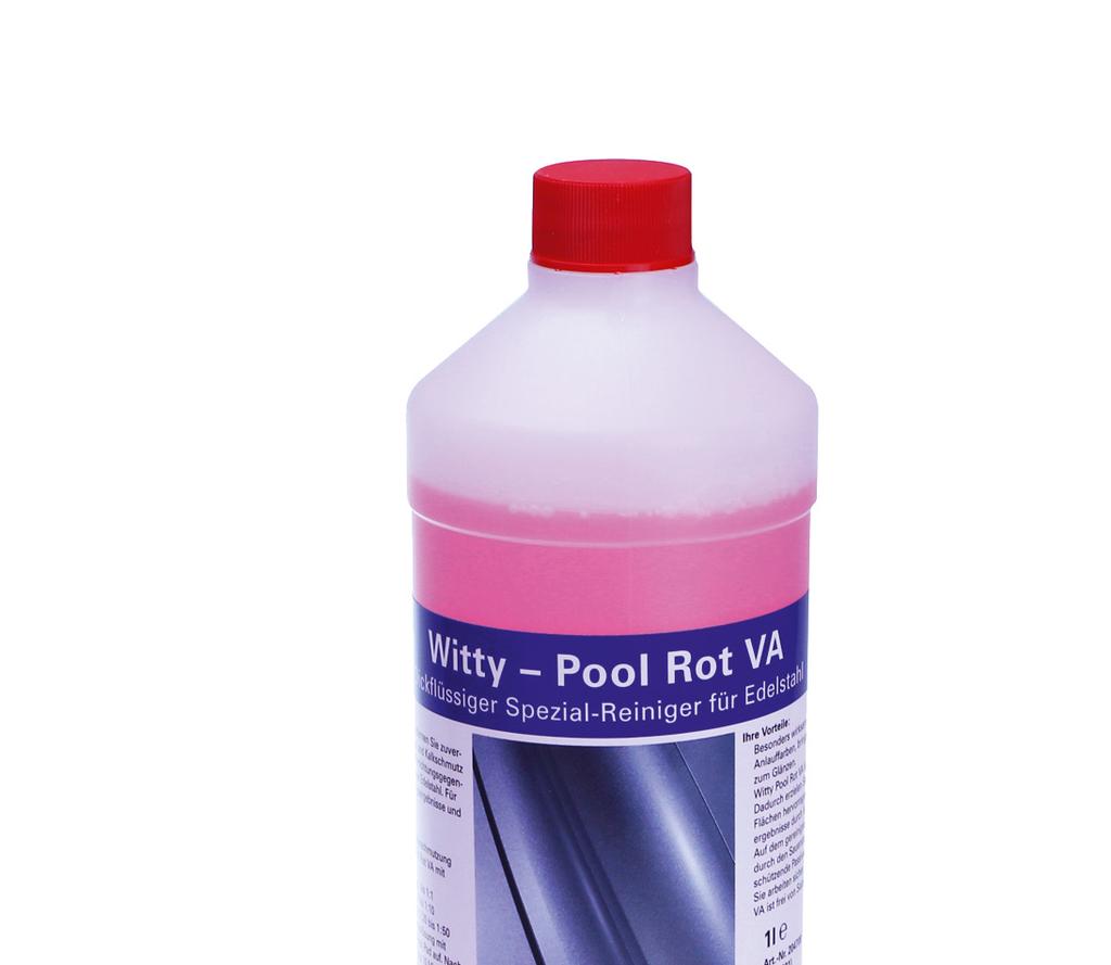 Witty Pool Rot VA from KEMMLIT Area of application: With Witty-Pool Rot VA you can reliably remove annealing colour, rust as well as limescale stains from sanitary products, furnishing and