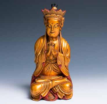 L:33cm 003 十九世纪金漆木雕佛像 A 19th century wooden carved figure, wearing a long rope and religious hat, sitting
