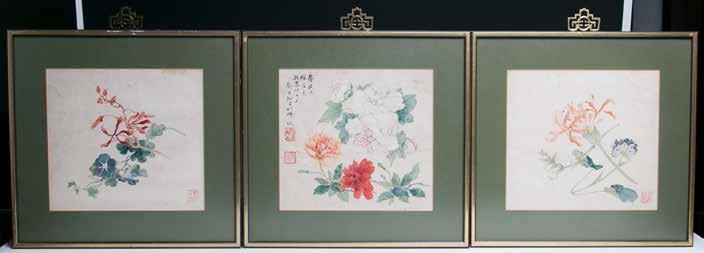 $500-$800 046 郑古弥花卉三件镜心设色纸本 A set of three paintings, depicting poney and morning glory and chrysanthemum, one with calligraphy, signed