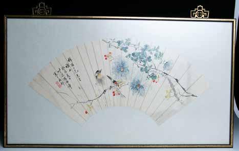 047 花鸟扇面连框设色纸本 Depicting chrysanthemum and bird and calligraphy, signed Shang Jing Zhang